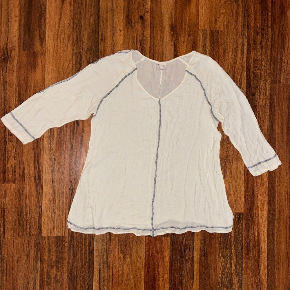 Merona Womens XL Cream V-Neck 3/4 Sleeve Top Grey Contrast Stitch Crinkle Blouse